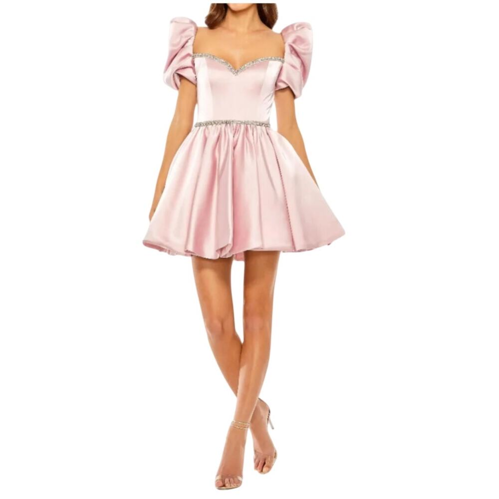 Mac Duggal Blush Pink Satin Puff Sleeve Cocktail Party Dress NWT 8
